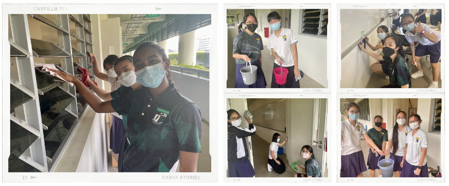 Students wearing masks clean shelves and stairs, some holding buckets, in a school setting across five photos.